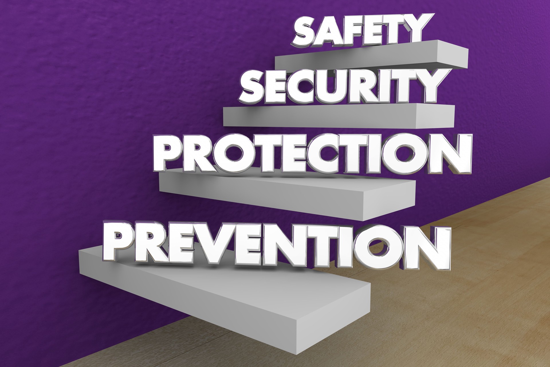 Sécurité Sécurité Protection Prevention Steps Mots 3d Illustration Sécurité Sécurité Protection Prevention Steps Mots 3d Illustration